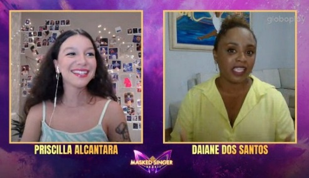 Priscilla Alcantara e Daiane dos Santos no 'Bate Papo' do 'The Masked Singer Brasil' — Foto: Reprodução Gshow