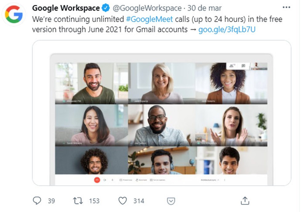 Google anuncia estabelecer limites ao uso da ferramenta Google Meet — Foto: Reprodução/Twitter