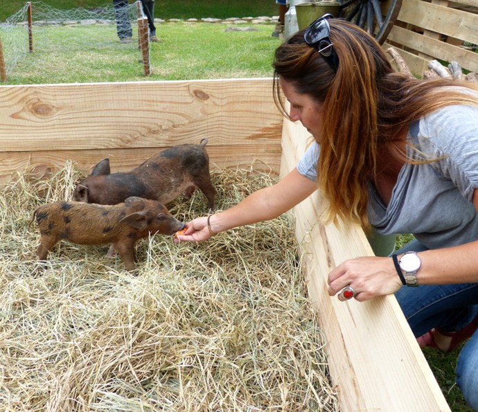 Nos bastidores do Vídeo Show, Katuche alimenta a porquinha Lili (Foto: Cristina Cople / Gshow)