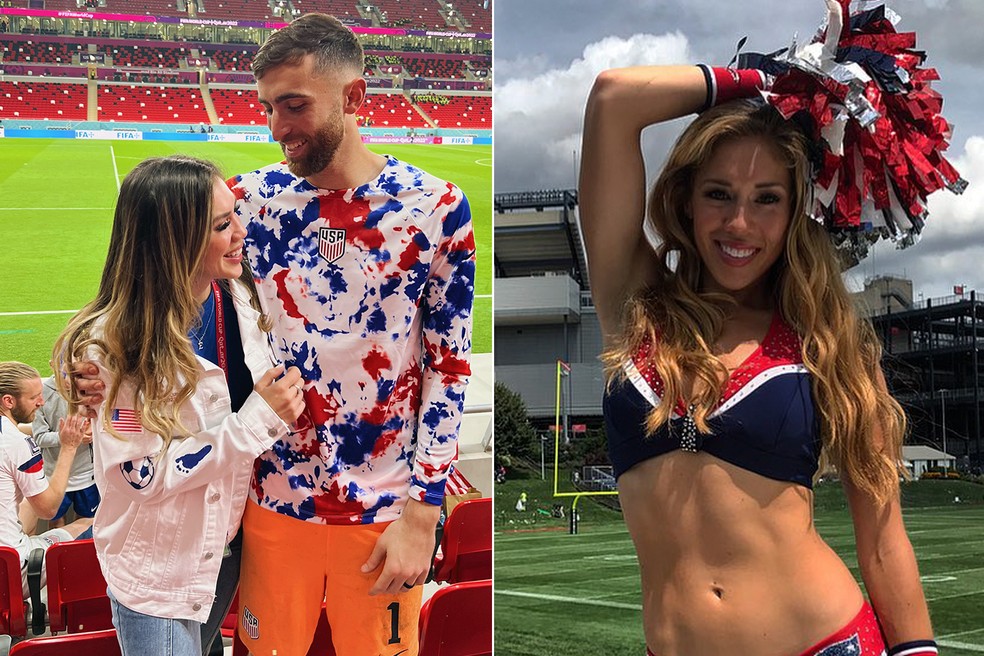 Ashley Herron com o marido Matt Turner e nos tempos como cheeleader da equipe da NFL New England Patriots  Foto: reproduo/Instagram