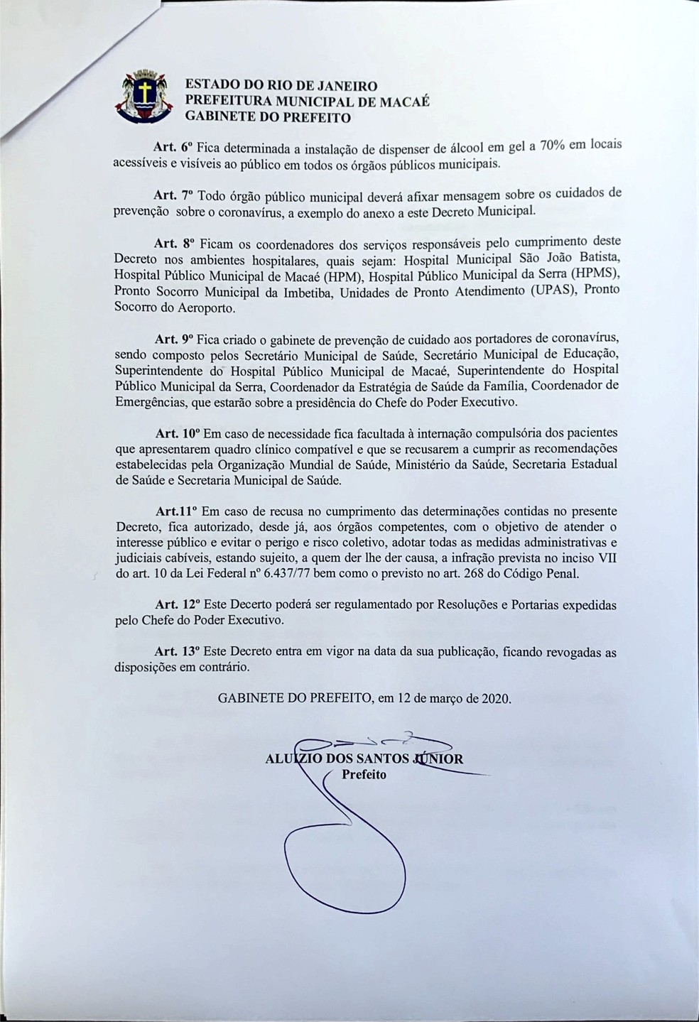 Segunda página com o texto do decreto contra o coronavírus criado pela Prefeitura nesta quinta (12) e com publicação prevista para esta sexta (13) — Foto: Divulgação Prefeitura de Macaé