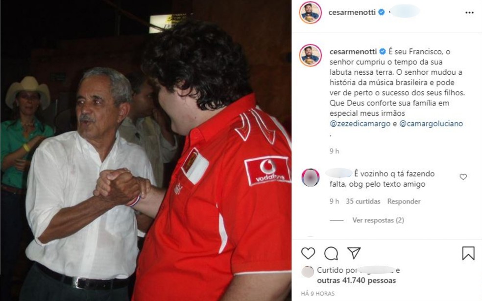 César Menotti lamenta morte de Seu Francisco, mas destaca legado deixado por ele na música — Foto: Reprodução/Instagram