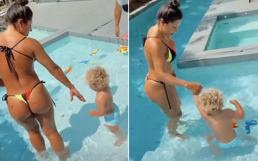 Andressa Miranda curte piscina com o filho e mostra shape de biquíni