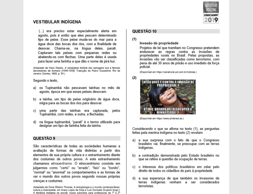 QuestÃµes do 1Âº vestibular indÃ­gena da Unicamp, realizado neste domingo (2) em cinco cidades do Brasil â Foto: Comvest/DivulgaÃ§Ã£o