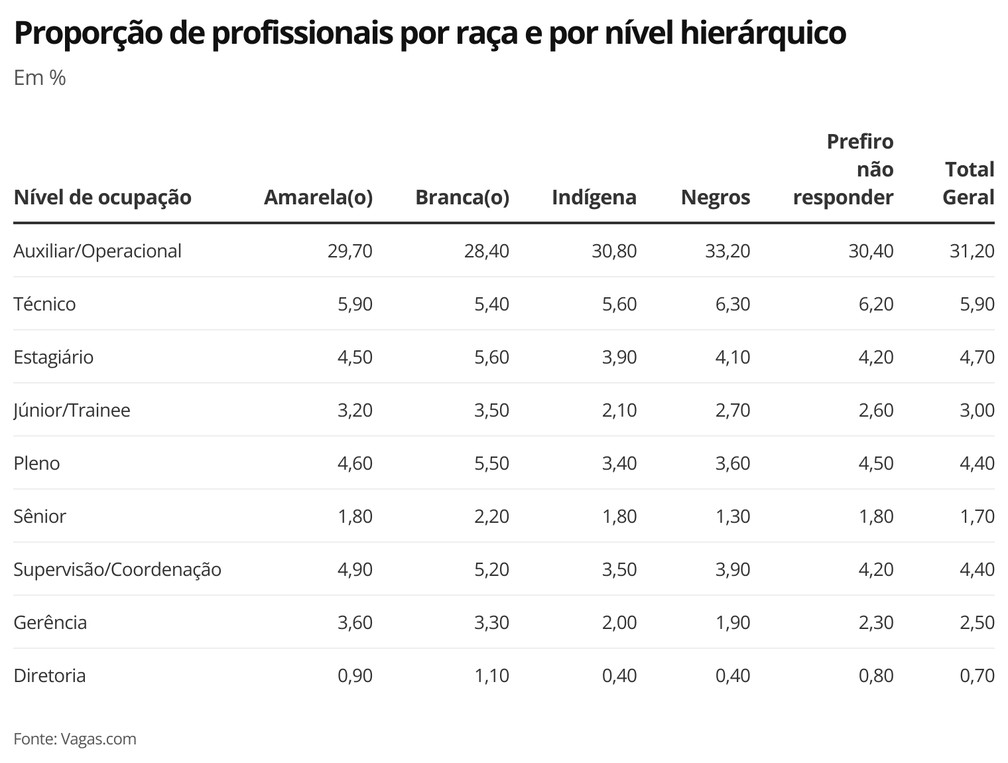 Proporção de profissionais por raça e por nível hierárquico — Foto: Economia g1