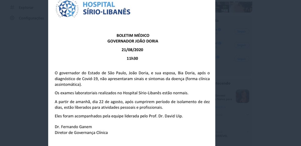 Resultado de exame divulgado pelo governador João Doria nas redes sociais nesta sexta (21) — Foto: Reprodução/Twitter 