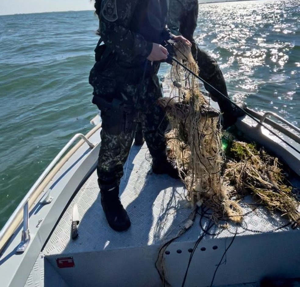 Polícia Militar Ambiental apreendeu 250 metros de redes de pesca sem plaquetas de identificação em Presidente Epitácio — Foto: Polícia Militar Ambiental