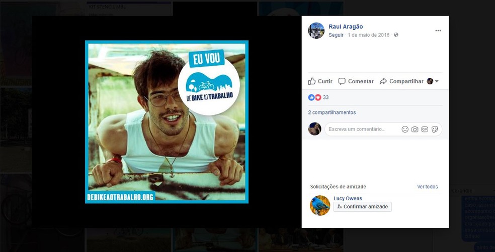Postagem do ciclista da ONG Rodas da Paz Raul Aragão em prol do uso de bicicletas (Foto: Reprodução)