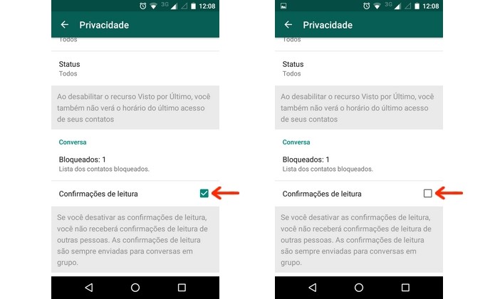 Desativação de confirmação de leitura de mensagens do WhatsApp (Foto: Reprodução/Raquel Freire)