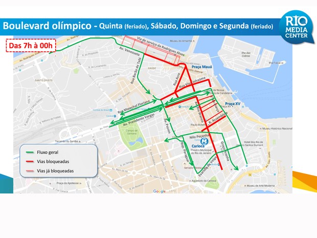A partir desta quinta-feira (18) será montada uma área de lazer na Avenida Rio Branco até segunda-feira (22), de 7h às 23h59 (Foto: Reprodução / Rio Ônibus)