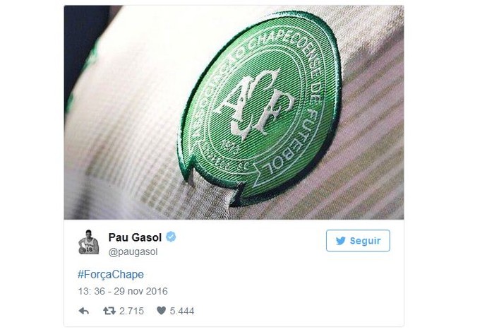 Pau Gasol pretsa homenagem a Chapecoense (Foto: Reprodução/Twitter)