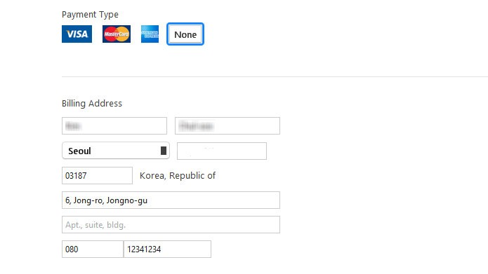 Na tela de pagamento, clique em None e pesquise um endereço na Coreia do Sul para preencher nos campos (Foto: Reprodução/Tais Carvalho)