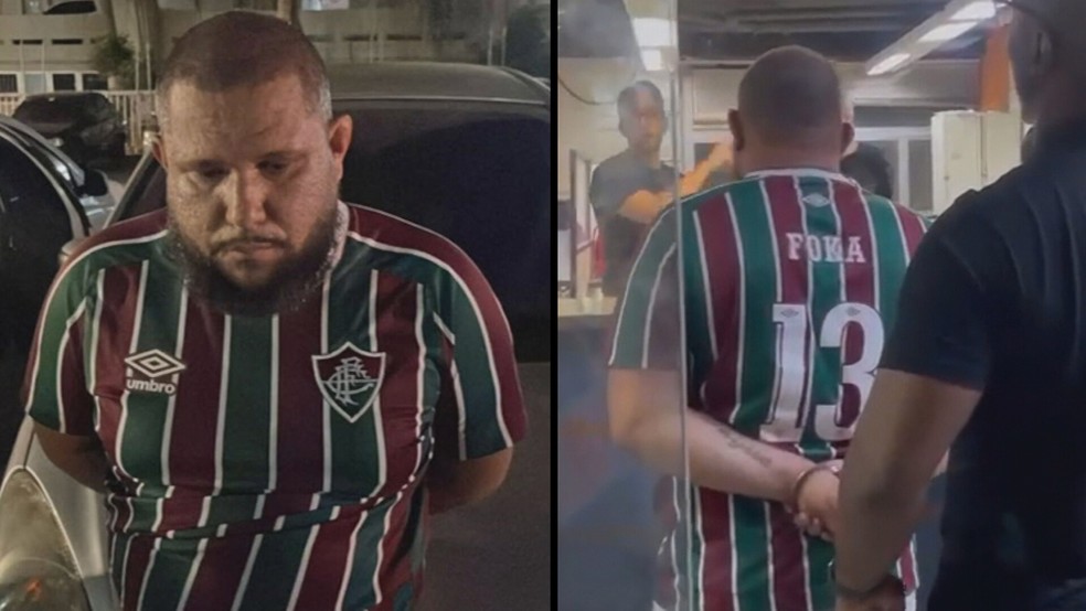 Marco Aurelio dos Santos Rocha, o Foka, apontado como chefe do tráfico de drogas do Complexo do Castelar, em Belford Roxo, é levado pela polícia após ser preso em jogo no Maracanã — Foto: Reprodução