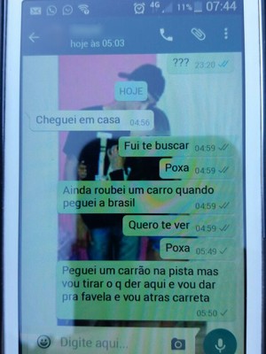 Suspeito mandou mensagem amorosa para a namorada por meio de aplicativo de mensagens (Foto: Divulgação/ Polícia Militar)