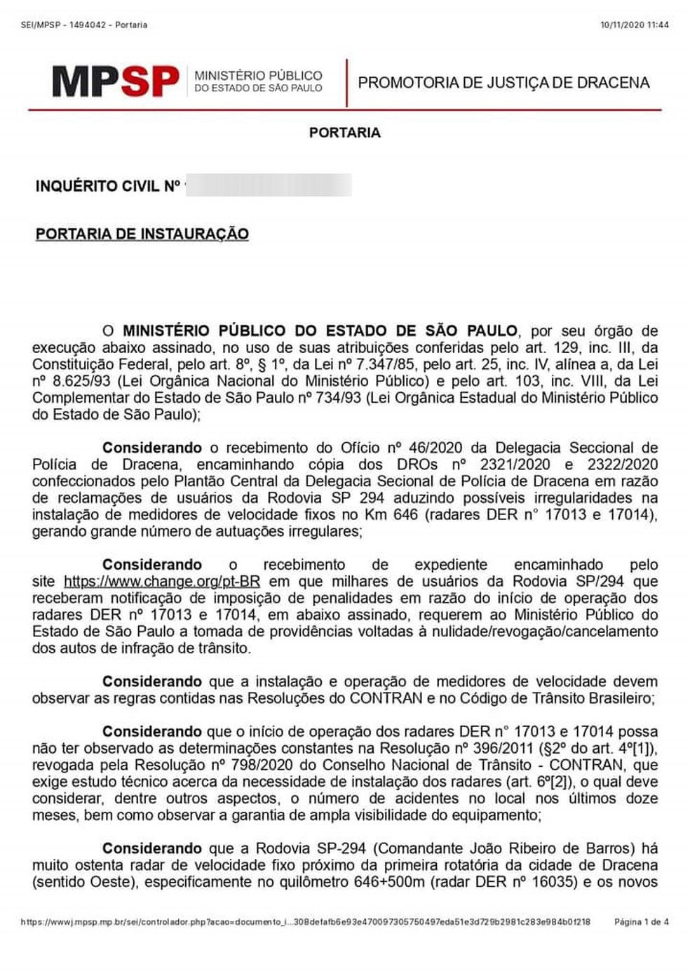 MPE abriu inquérito para apurar supostas irregularidades na instalação de radares em Dracena — Foto: Reprodução