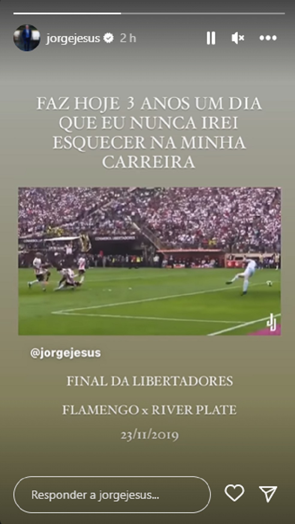 Jorge Jesus recorda conquista da Libertadores com o Flamengo &mdash; Foto: Reprodu&ccedil;&atilde;o