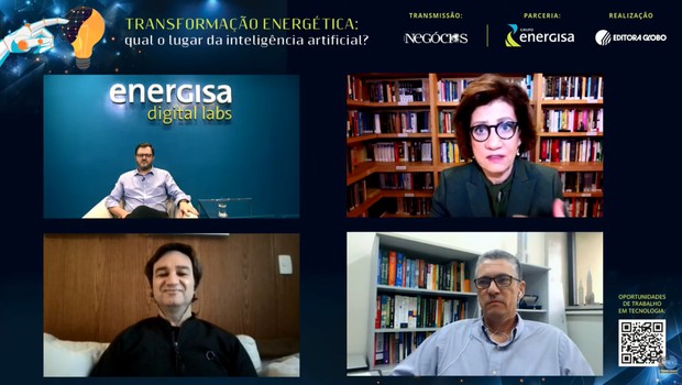 Lucas Pinz, Miriam Leitão, Paulo Castro e Pepe Cafferata no debate “Transformação energética: qual o lugar da inteligência artificial?” (Foto: Reprodução)