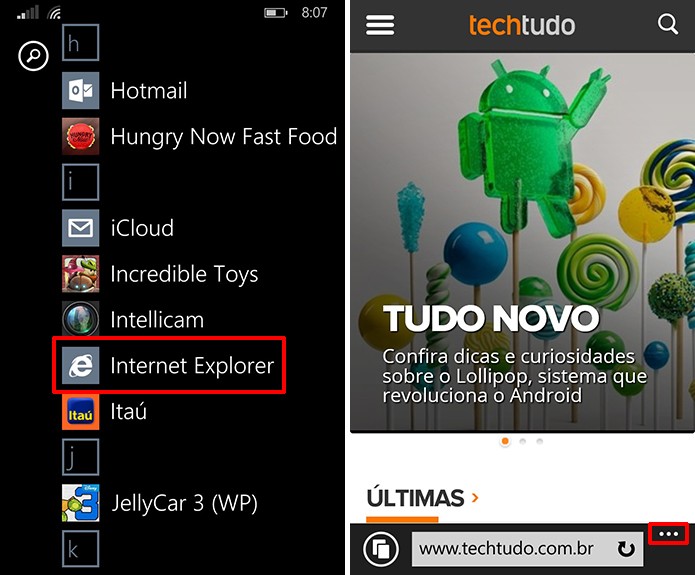 Internet Explorer do Windows Phone pode fixar site na tela inicial do sistema (Foto: Reprodução/Elson de Souza)