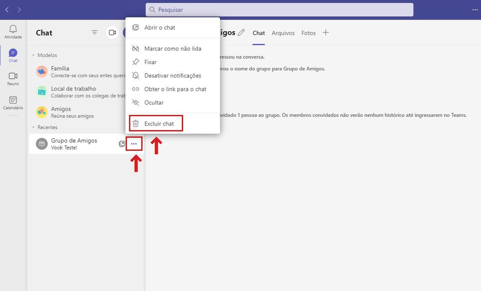 Usuário pode excluir chat no Microsoft Teams — Foto: Reprodução/Barbara Mannara