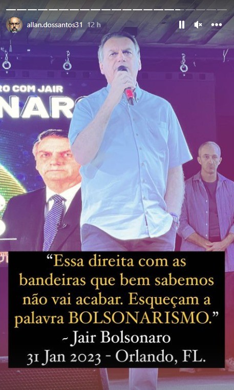 Allan dos Santos, foragido da Justiça, estava na plateia e foi citado por Bolsonaro no discurso Foto: Reprodução de post do perfil de Allan dos Santos