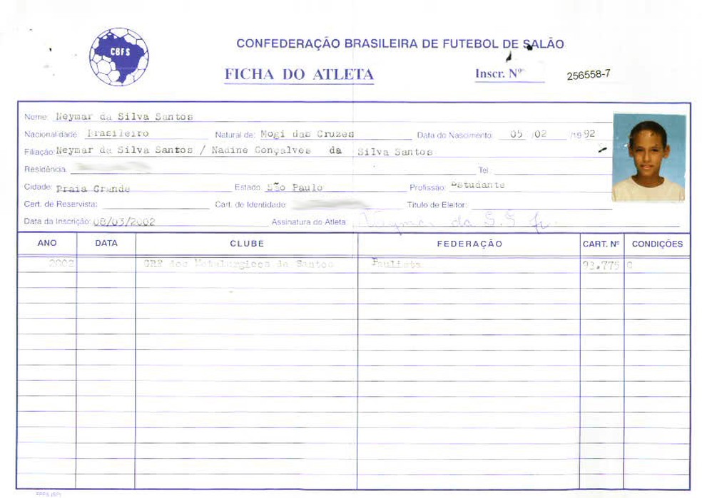 Registro de Neymar na CBFS (Foto: Divulgação/CBFS)