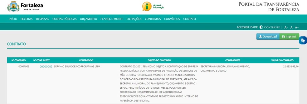 Contrato ativo da Servnac com a Prefeitura de Fortaleza de cessão de mão de obra terceirizada. — Foto: Reprodução/Portal da Transparência