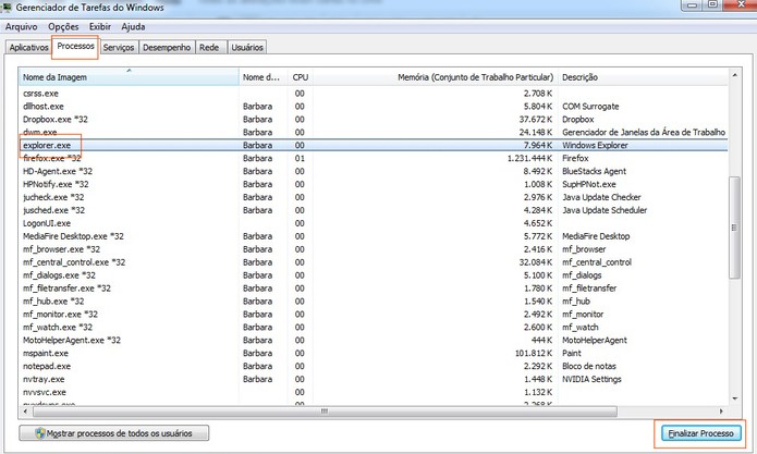 Finalize o processo do explorer.exe para reiniciar a barra de menu do Windows (Foto: Reprodu??o/Barbara Mannara)