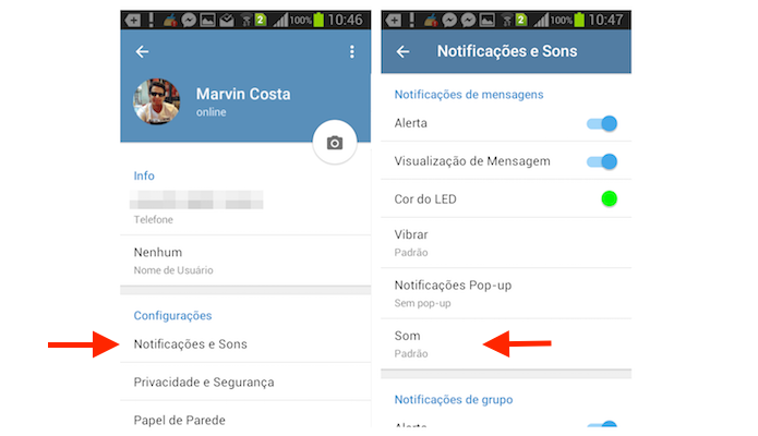 Acessando a opção para sons de mensagens do Telegram no Android (Foto: Reprodução/Marvin Costa)