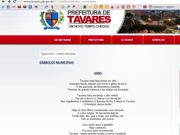 Hino oficial de Tavares, no Sertão paraibano (Foto: Reprodução/Internet)