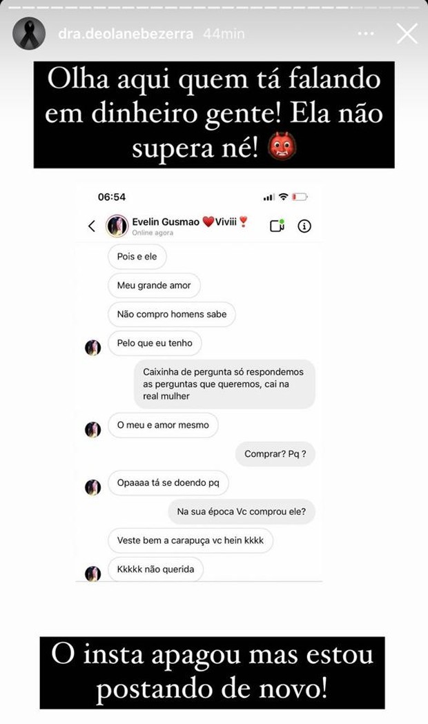 Mensagens trocadas por Deolane Bezerra e Evelin Gusmão (Foto: Reprodução/Instagram)