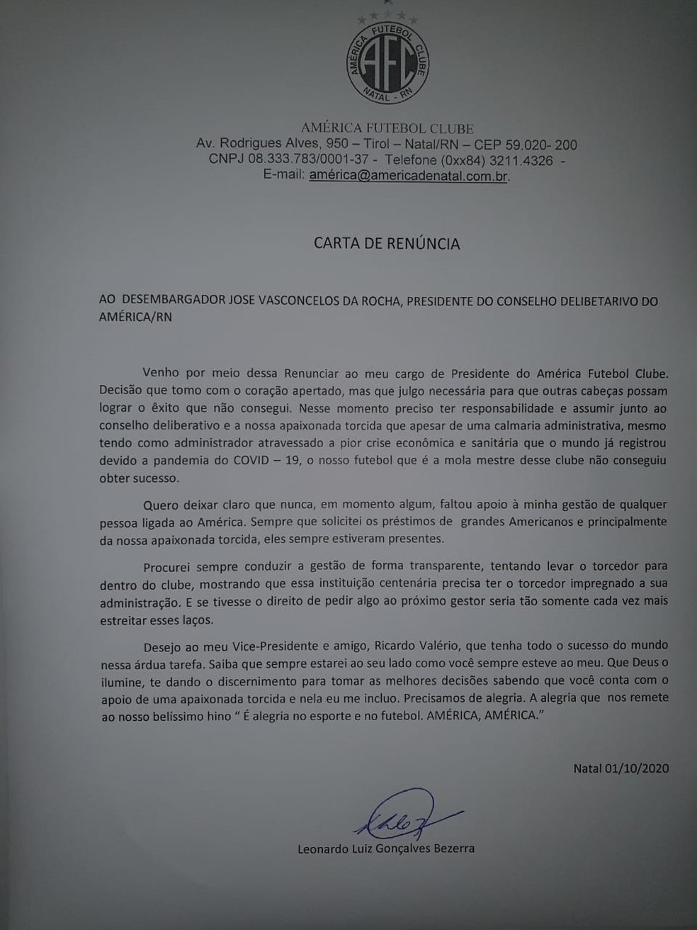 Carta de ren&uacute;ncia de Leonardo Bezerra &mdash; Foto: Divulga&ccedil;&atilde;o
