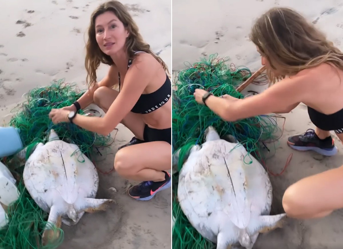 Gisele Bündchen salva tartaruga presa em lixo na praia (Foto: Reprodução / Instagram)