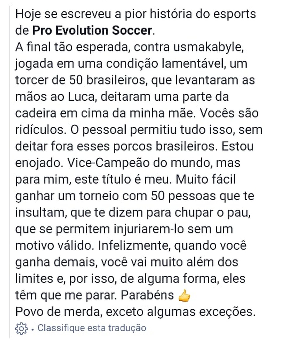 Ettorito fica revoltado com brasileiros na final do mundial de PES — Foto: Reprodução/Facebook