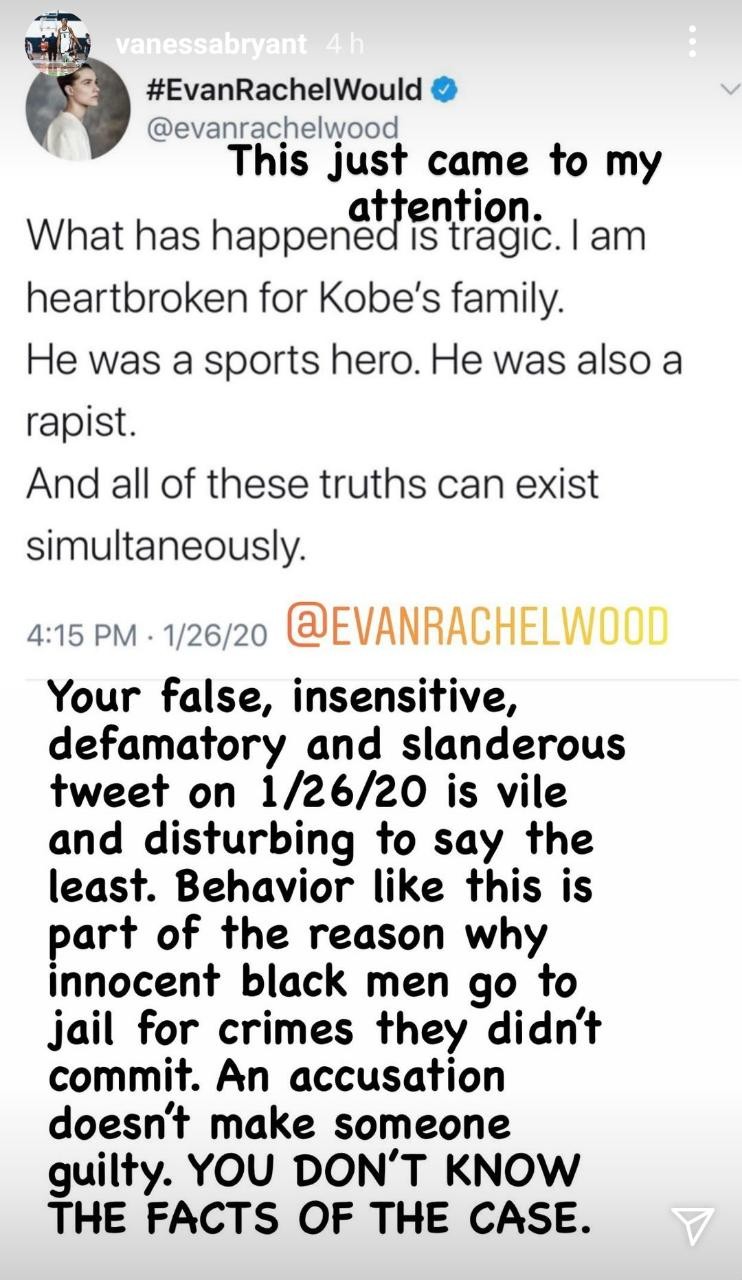 Viúva de Kobe Bryant chama Evan Rachel Wood de insensível e falsa (Foto: Reprodução/Instagram)
