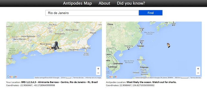 O oposto do Rio de Janeiro no Globo terrestre está no oceano (Foto: Reprodução/Antipodes Map)