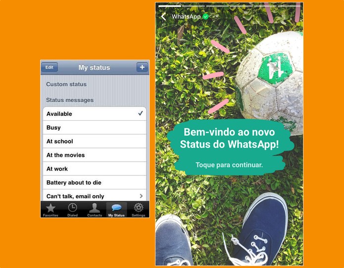Antes e depois: status permitiam somente texto desde 2009 (Foto: Divulgação/WhatsApp)