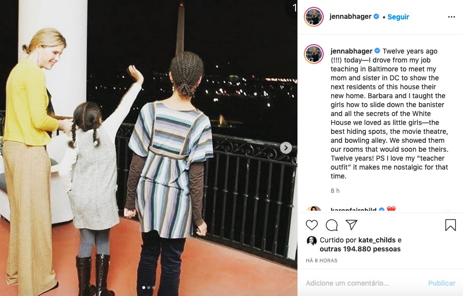 O post da jornalista Jenna Bush Hager, filha de George Bush, com as fotos em que ela aparece mostrando a Casa Branca para Sasha e Malia Obama, filhas de Barack Obama (Foto: Instagram)
