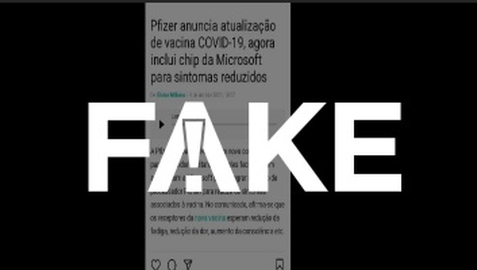 É #FAKE que vacina da Pfizer terá chip da Microsoft para prevenir efeitos colaterais — Foto: Reprodução
