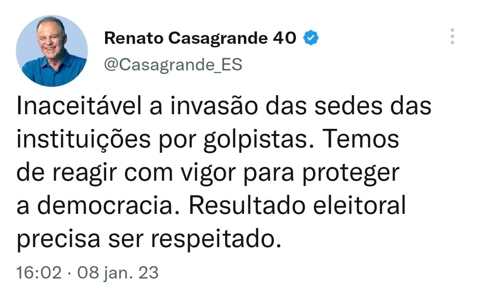 Governador Renato Casagrande se manifesta contra invasão no Congresso Nacional. — Foto: Reprodução/Redes sociais