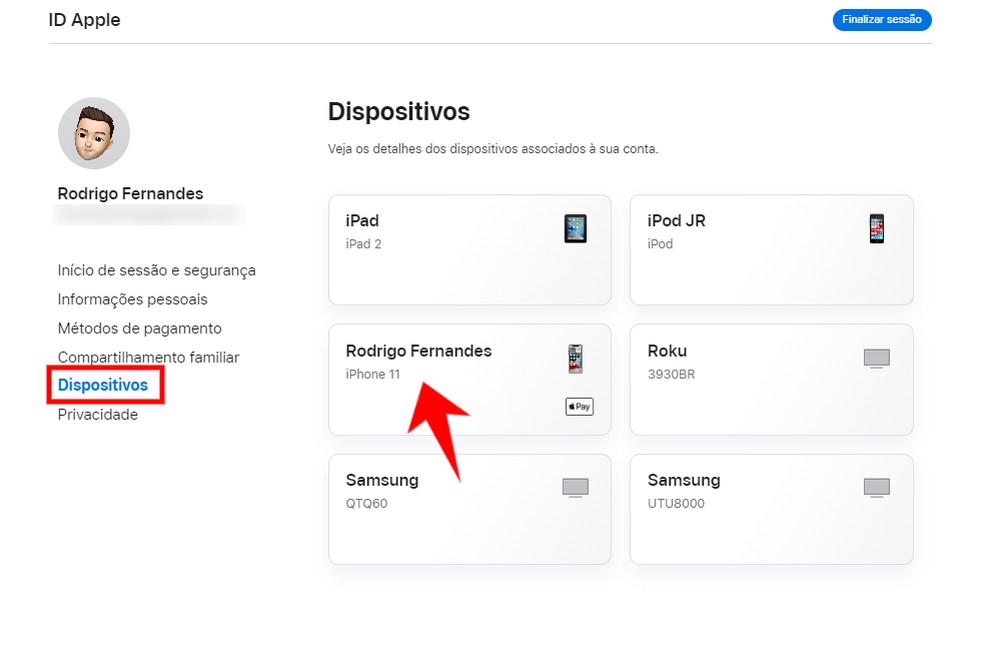 É possível acessar informações de todos os dispositivos onde sua Apple ID está logada — Foto: Reprodução/Rodrigo Fernandes