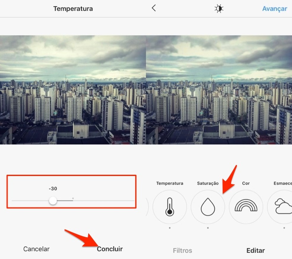 Ajuste de temperatura para imagens na ferramenta de edição do Instagram (Foto: Reprodução/Marvin Costa)