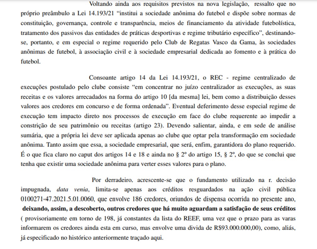 Decisão da relatora do TRT-1 que derrubou a suspensão da execução forçada contra o Vasco — Foto: Reprodução