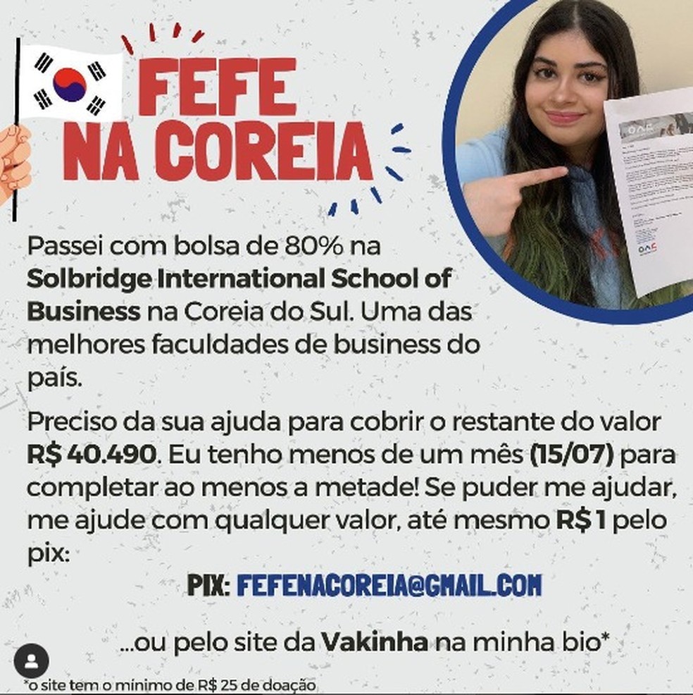 Por meio de suas redes sociais, Fernanda criou a campanha "Fefe Na Coreia", com o objetivo de arrecadar fundos para estudar no país asiático — Foto: Reprodução/Redes Sociais