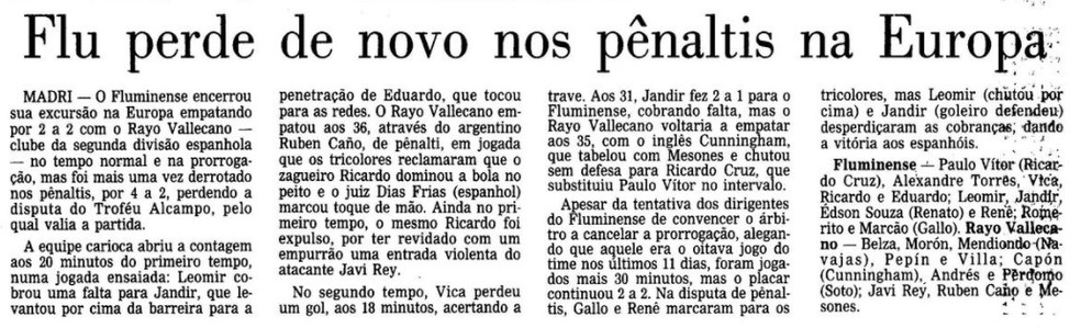 Fluminense perdeu nos pênaltis do Rayo Vallecano em 1986 — Foto: Reprodução / O Globo
