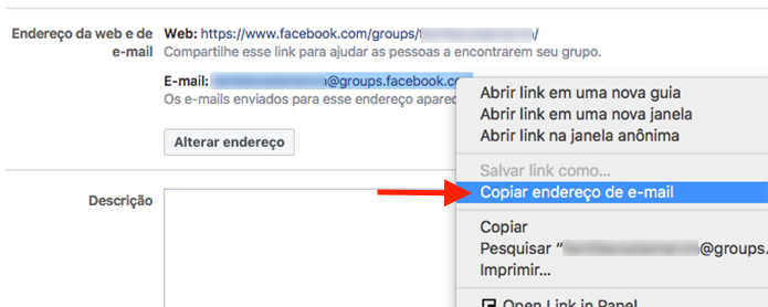 Ação para copiar o endereço de um grupo do Facebook para publicar por e-mail (Foto: Reprodução/Marvin Costa)