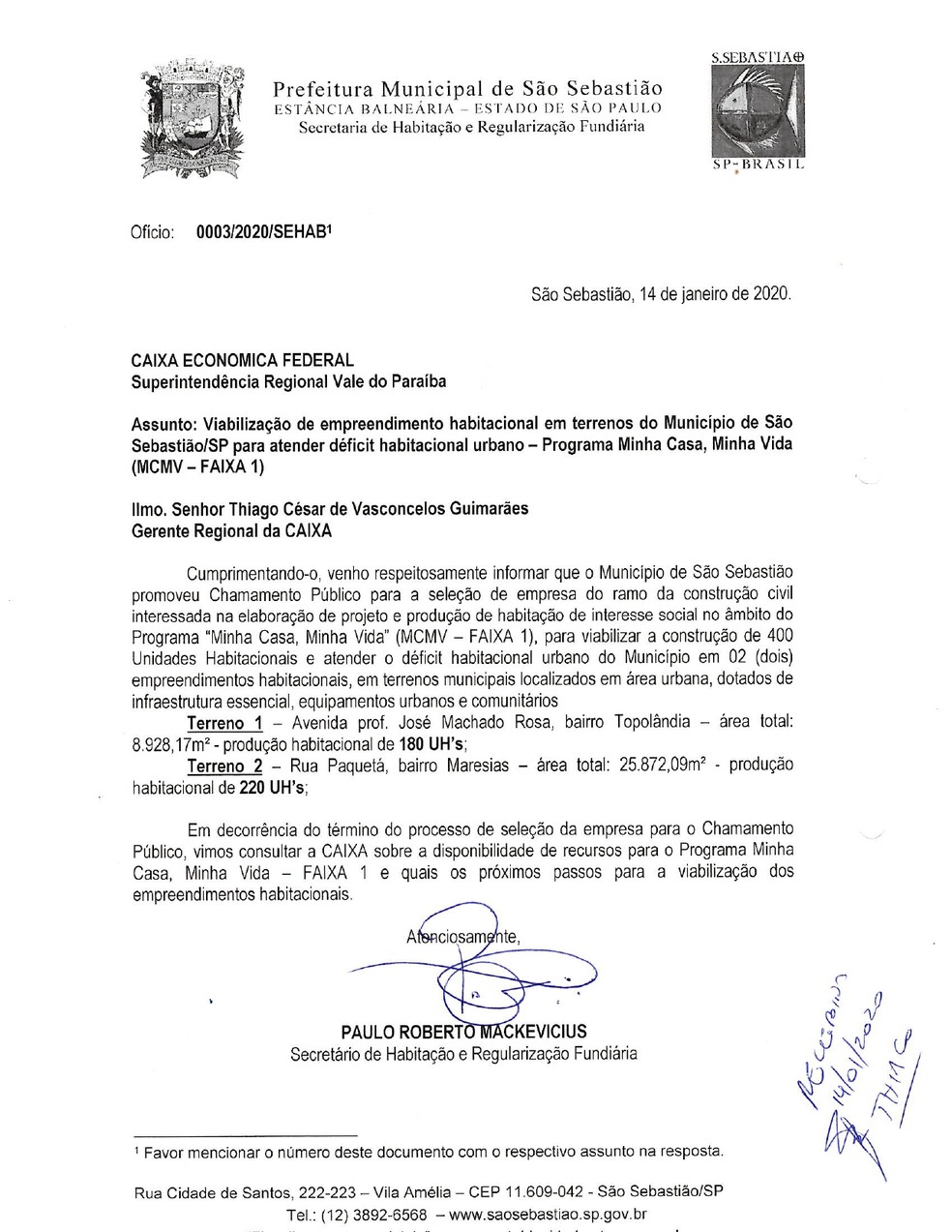 Ofício da prefeitura de São Sebastião (SP) enviado à Caixa — Foto: Reprodução