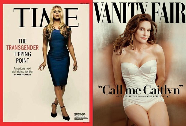 Laverne Cox na capa da Time, no ano passado, e Caitlyn Jenner, na Vanity Fair: atriz diz que teme que pessoas como elas acabem sendo “fetichizadas” (Foto: Reprodução)