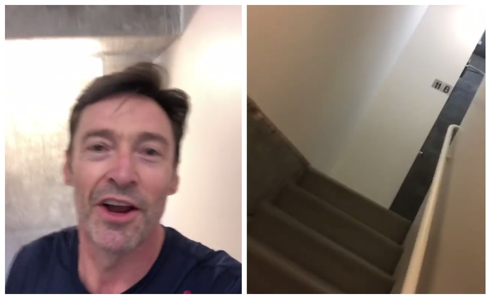 O ator Hugh Jackman no vídeo no qual aparece fazendo exercícios nas escadas de seu prédio em Nova York (Foto: Instagram)
