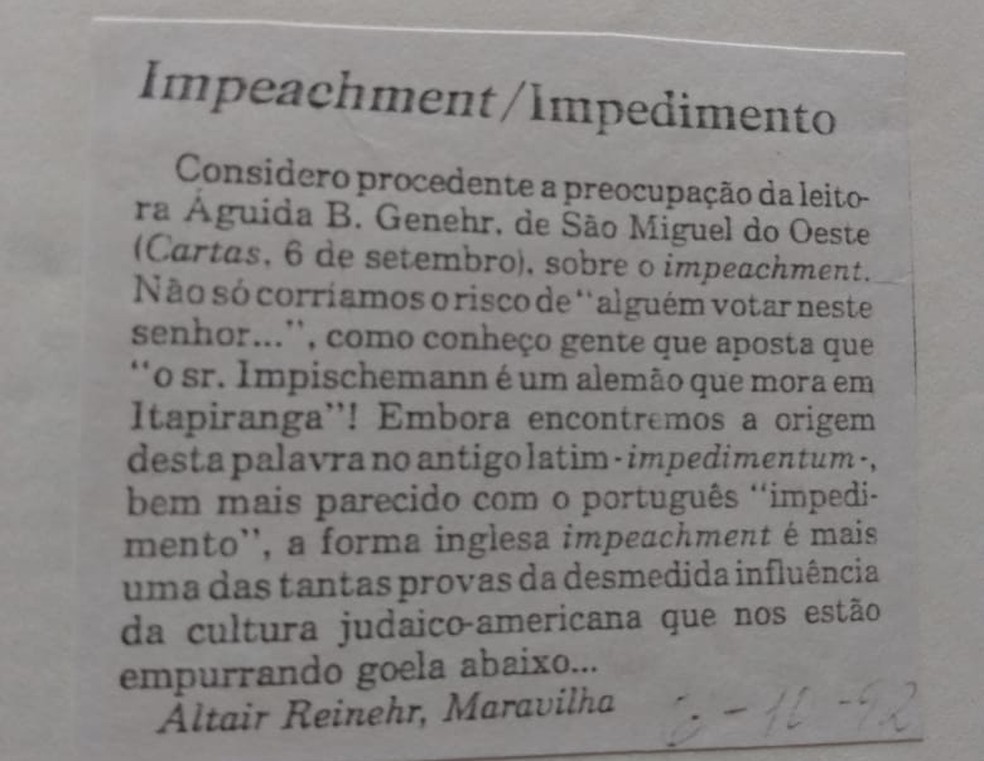 Carta publicada no dia 06 de outubro de 1992, no Diário Catarinense, critica cultura judaico-americana — Foto: Reprodução/ AIC