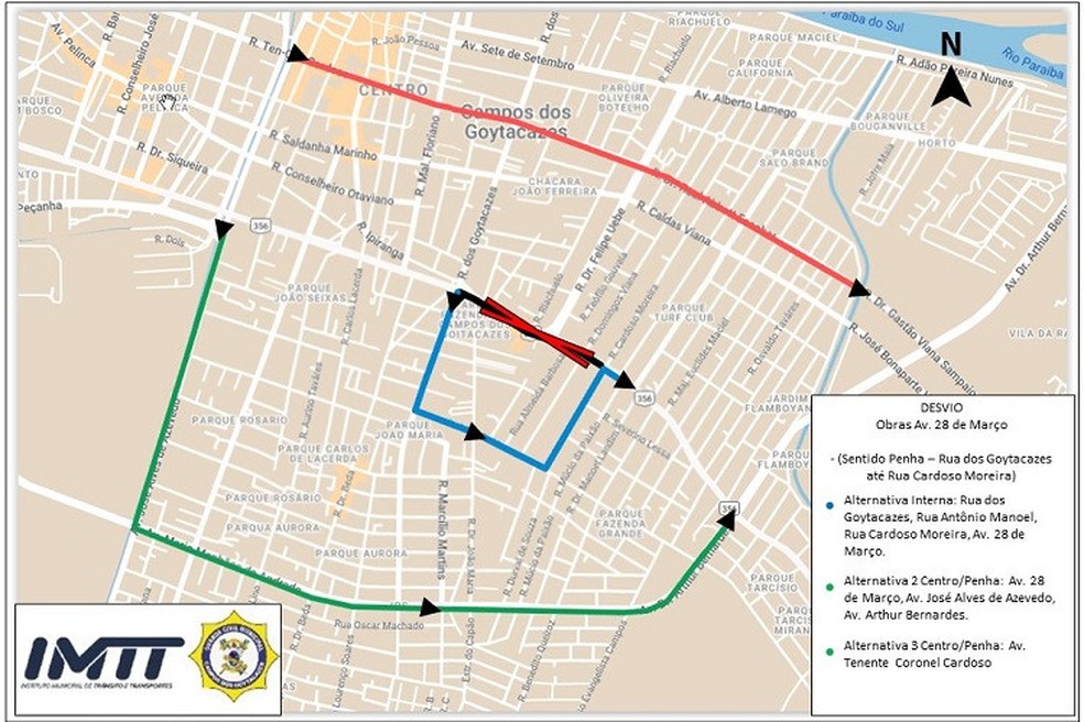 Esquema mostra desvio no trânsito da Av. 28 de Março nesta sexta (3) — Foto: IMTT